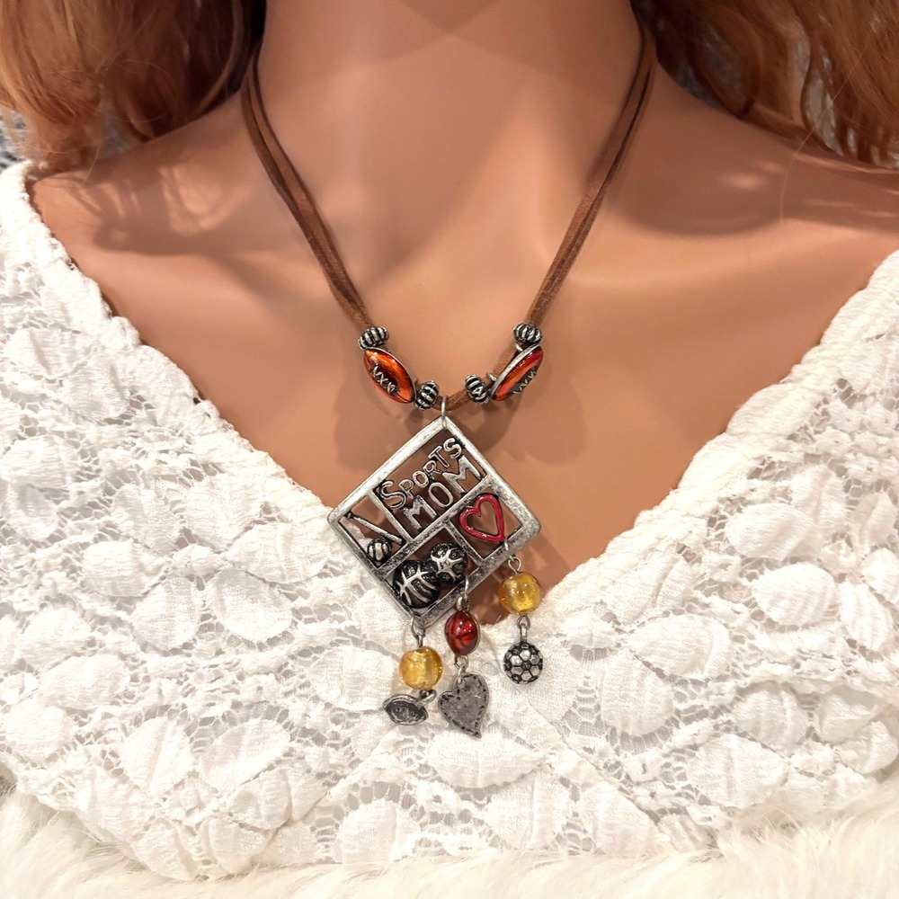 Sports‎ Mom Necklace Cord Silver Tone Soccer Basketball Baseball Spirit 20661